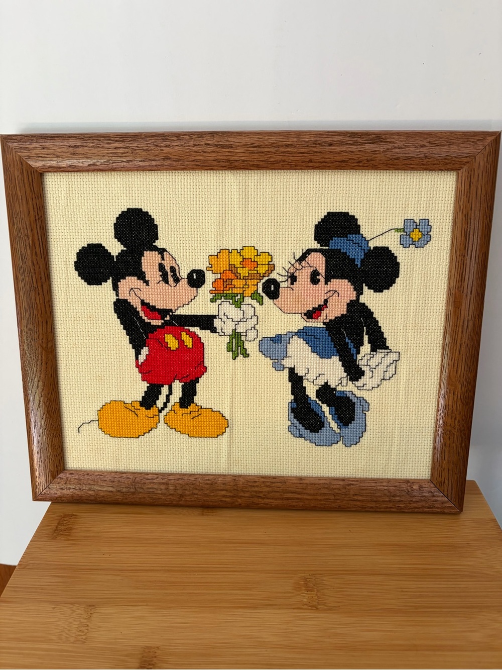 Vintage Disney Cross Stitch Mickey & Minnie Floral Wooden Framed Wall Art! Kids!